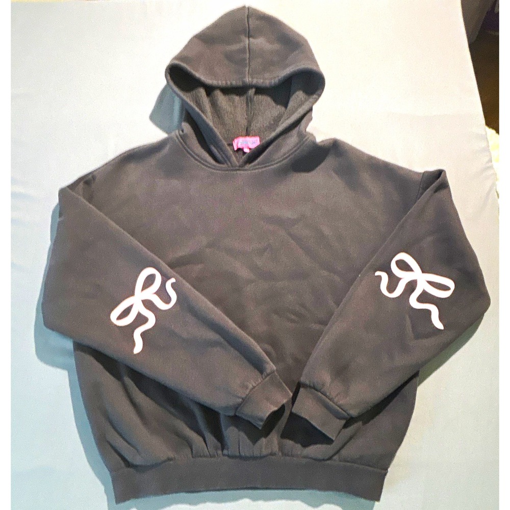 Edikted Charcoal Gray Bow Graphic Hoodie Pink Ribbon Sleeve Sweatshirt Medium